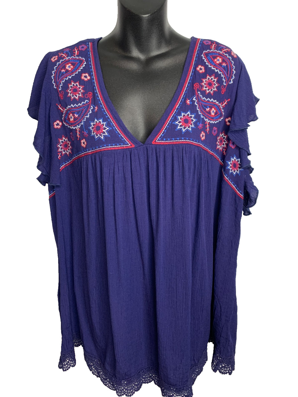 Terra & Sky 1x 16W - 18W Rayon Polyester Flutter Sleeve Navy Blouse with Tie